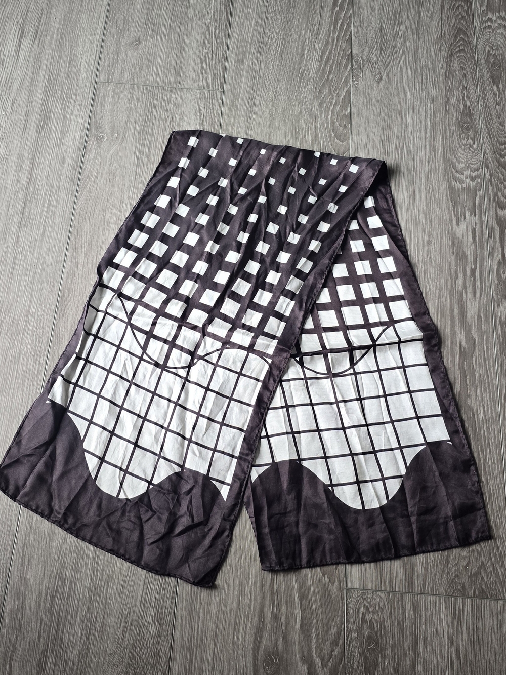 Vintage Satin Like Scarf Charcoal Brown White Grid Geometric Print 34" Op Art